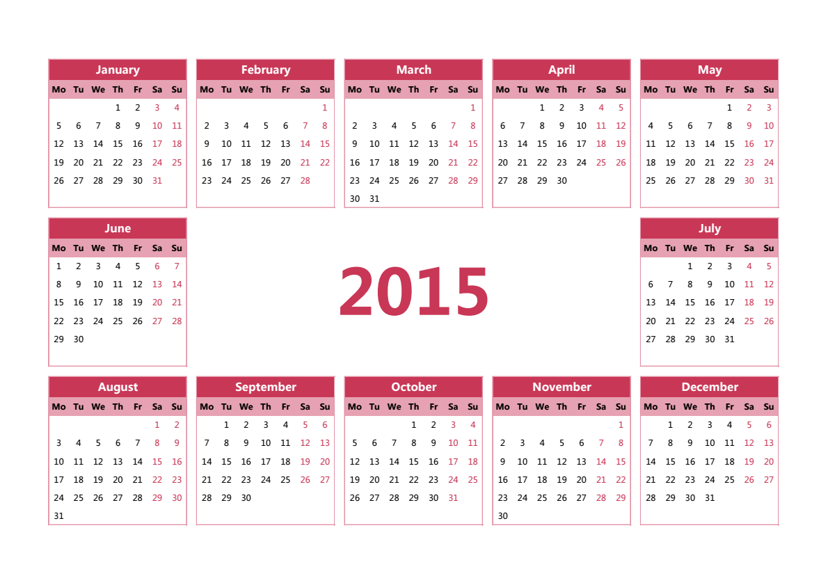 2015年日历 A3横向 英文版 无农历 无周数 周一开始